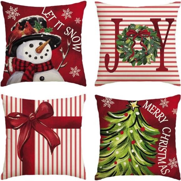 Merry Christmas Let It Snow Joy Stripes Gift Box Red Throw Pillow Covers,18x18in - Picture 1 of 7